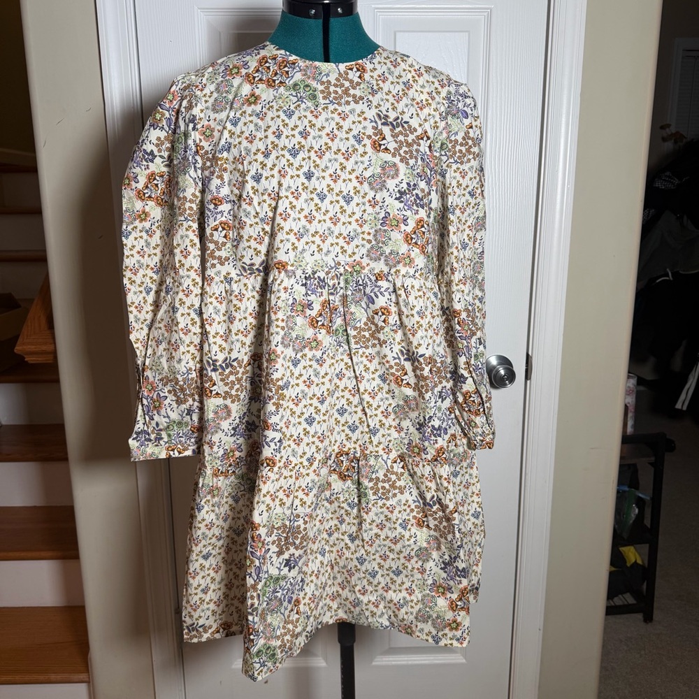 Modest Boho Cream Summer Spring Fall Long Sleeve Dress W/ Colorful Floral Design